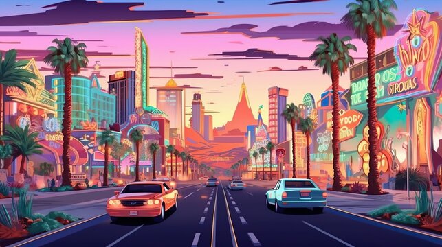Abstract Background Las Vegas. The energy of Las Vegas after dark with an illustration showcasing its iconic landmarks, abstract background, and banner design. Generative AI.