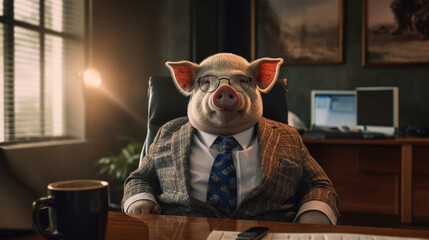 A caricature of a pig in an office in a businessman costume, boss, director, funny, mocking, ridiculing. Bad leader, terrible, demanding, stupid. generative AI.