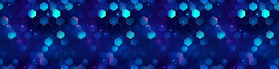 Abstract futuristic digital geometric technology hexagon background banner panorama illustration, seamless pattern - Dark blue glowing hexagonal 3d shape texture Generative AI