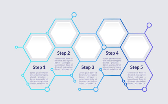 Blue hexagon infographic chart design template. Info for medicine. Abstract vector infochart with blank copy spaces. Instructional graphics with 5 step sequence. Visual data presentation