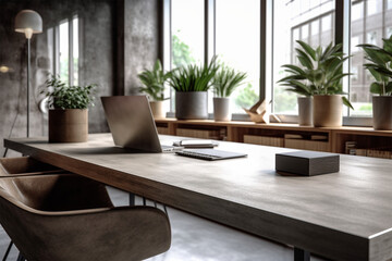 Fototapeta premium modern office with wood and wood panels 3d render, in the style of soft-edged, minimalist monochromes