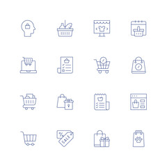 Shopping line icon set on transparent background with editable stroke. Containing shopping bag, shopping basket, online shopping, shopping cart, shopping list, coupon, shopping.