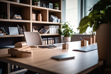 modern office with wood and wood panels 3d render, in the style of soft-edged, minimalist monochromes