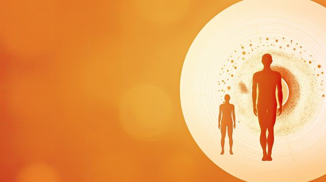 Silhouette of man on orange background, abstrakt illustration. Concept of health and interconnectedness between energy state, aura, and well-being. AI generated