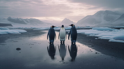 Three penguins in the Arctic, minimalism, wildlife, glaciers, cold winter generative AI