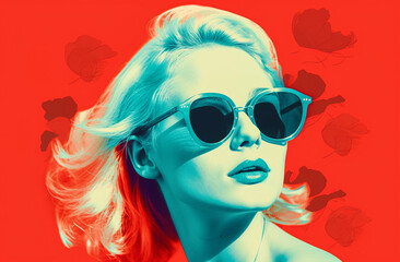 Obraz premium Summer portrait of young beautiful woman with fashionable sunglasses, time for stylish outfits and sunbathing on beach and tropical destinations. Generative AI, illustration.