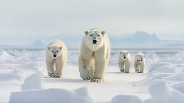 Polar bears with dense white fur standing on cold glacier piece against giant icebergs. Wild animals and pristine nature generative AI