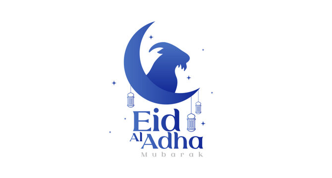 Simple Eid Al Adha Banner With Goat Silhouette on Crescent Moon and Lantern Illustration