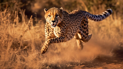 Fast cheetah with black dots runs in savanna valley on sunny day. Wild carnivore animal with open mouth in motion in wilderness generative AI - obrazy, fototapety, plakaty