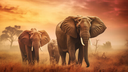 Fototapeta na wymiar Herd of elephants with long trunks and fangs walking on trampled road. Giant animals graze in wild savanna generative AI