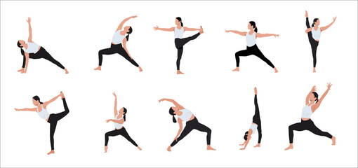 Set of young woman doing yoga exercise against the white background. Healthy and wellness lifestyle. Flat vector illustration