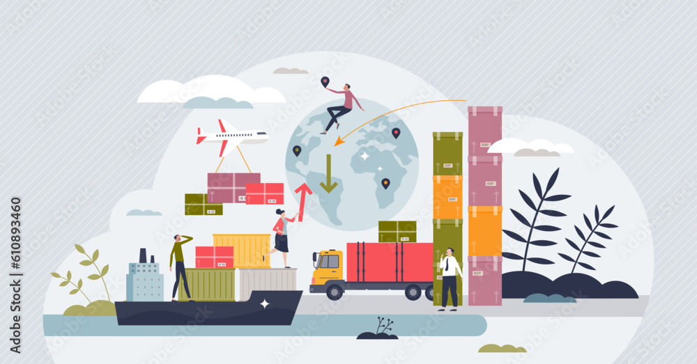 Poster supply chain management or scm as logistics, warehouse inventory and sales planning tiny person conc