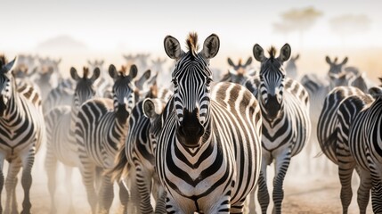 Fototapeta na wymiar Herd of striped zebras standing in wild dusty desert at sunlight. Black and white animals look ahead grazing in savanna on sunny day generative AI