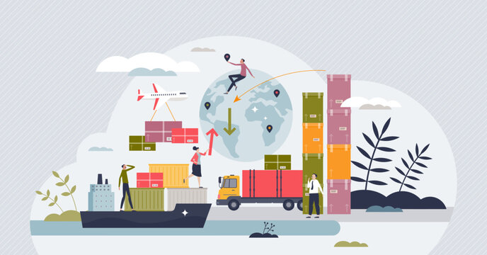 Supply chain management or SCM as logistics, warehouse inventory and sales planning tiny person concept. Global transportation network with export or import optimization system vector illustration.