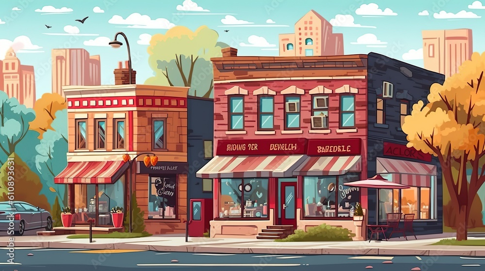 Poster Background different shops. An illustration of a street with different shops featuring an abstract background and eye-catching banner design. Generative AI.