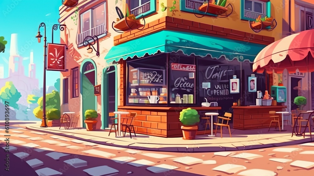 Poster background different shops. a visually appealing illustration of a street filled with different shop