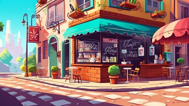 Background different shops. A visually appealing illustration of a street filled with different shops, featuring an abstract background and creative banner design. Generative AI.