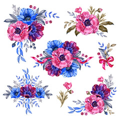 Pink Violet Blue Watercolor Floral Anemone Bouquets set. Isolated illustration on a white background.