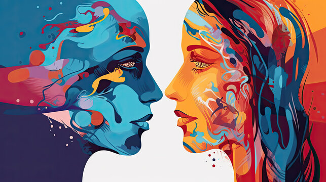 Abstrakt illustration of intrapersonal conflict, Bipolar personality disorder, portrait of two woman. Concept of mental illness, World Mental Health Month