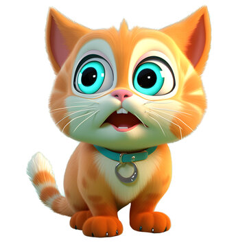 3D illustration of cute cat with surprised expression. Funny orange kitten in cartoon style with transparent background. Generative AI