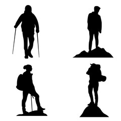 The silhouette of the mountain climbers set, vector isolated on white, hiking adventure silhouette illustration