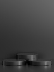 Simple blank luxury black metal background with product display platform. Empty studio with circle podium pedestal on a black backdrop.