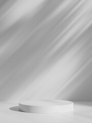 Obraz na płótnie Canvas Simple white minimal background with product display platform. Empty studio with circle podium pedestal on a shadow backdrop.