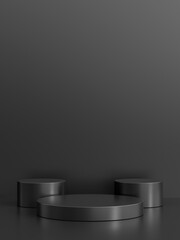 Simple blank luxury black metal background with product display platform. Empty studio with circle podium pedestal on a black backdrop.