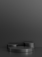 Simple blank luxury black metal background with product display platform. Empty studio with circle podium pedestal on a black backdrop.