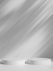 Fototapeta na wymiar Simple white minimal background with product display platform. Empty studio with circle podium pedestal on a shadow backdrop.