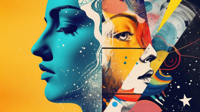 Abstrakt illustration of intrapersonal conflict, Bipolar personality disorder, portrait of woman in collage style. Concept of mental illness, International Day of Mental Health