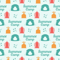 Fototapeta premium Summer Camp Seamless Pattern Design of Camping and Traveling in Template Hand Drawn Cartoon Flat Illustration
