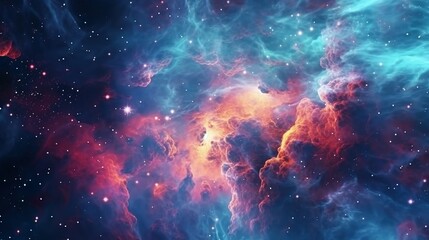 Abstract background with magic cosmos with cloudy shapes, shining stars and constellations at night heaven. Galaxy space modern wallpaper. Horizontal illustration for banner design. Generative AI.