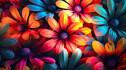 Fototapeta na wymiar Abstract background with daisy bouquet in orange and blue neon colors. Colorful blooming flowers in close up view, floral modern wallpaper. Horizontal illustration for banner design. Generative AI.