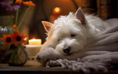 Tranquil Spa Retreat: Sleeping Maltese Dog with Candles and Flowers. Generative AI
