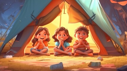 Fototapeta na wymiar Abstract background with happy girls and boy sitting at tent in forest. Children summer camping and hiking campground, tourism wallpaper. Horizontal illustration for banner design. Generative AI.