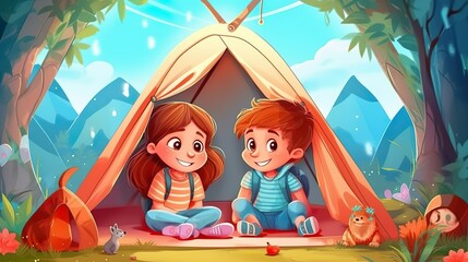 Obraz na płótnie Canvas Abstract background with cute girl and boy with backpacks sitting at tent in sunny forest. Children summer camping and tourism wallpaper. Horizontal illustration for banner design. Generative AI.