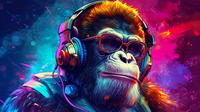 Abstract background with monkey in headphones and sunglasses at bright paints drops and splashes backdrop. Animal portrait modern wallpaper. Horizontal illustration for banner design. Generative AI.