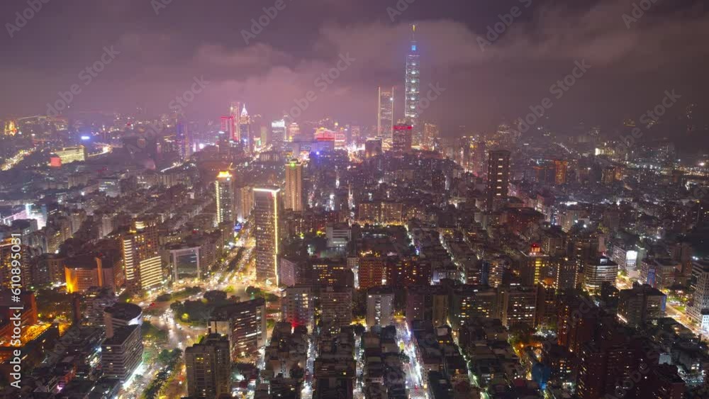 Wall mural aerial hyperlapse of taipei downtown, the vibrant capital city of taiwan, with landmark 101 tower st