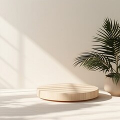 Minimal Natural Log Wood Podium Table in Sunlight with Palm Shadows. Generative AI