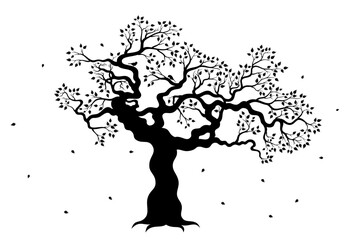 Vector illustration of a silhouette of tree with leaves and two birds, in black color, isolated, on white background.