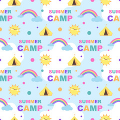 Summer Camp Seamless Pattern Design of Camping and Traveling in Template Hand Drawn Cartoon Flat Illustration