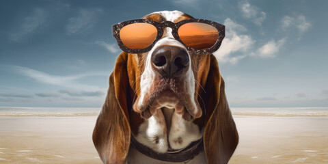 Hilarious Hound: Funny-Faced Basset Hound Dog Enjoying the Sunny Beach. Generative AI