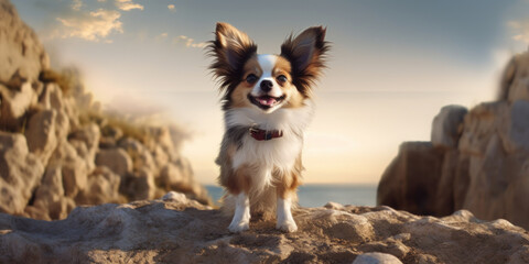 Quirky Canine: Adorable Papillon Dog with a Funny Expression Poses in Shades. Generative AI