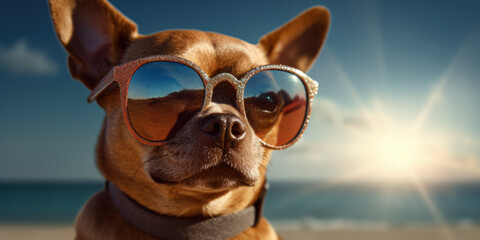 Fototapeta na wymiar Pawsitively Adorable: Chihuahua Dog Strikes a Pose on the Beach. Generative AI