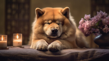 Serene Spa Experience: Sleepy Chow Chow Dog Under Towel. Generative AI