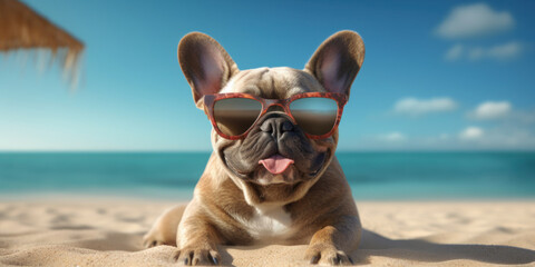 Obraz na płótnie Canvas Hilarious Expression: Funny-Faced French Bulldog in Sunglasses on the Sandy Beach. Generative AI