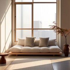 Contemporary Minimal White Fabric Bolster Back Corner Sofa. Generative AI