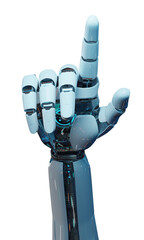 Isolated robot hand pointing finger. 3D rendering white and blue cyborg arm in dark lighting. Humanoid fingers cut out with transparent background
