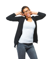 Smile, celebration and black woman dancing, winning and cheerful girl isolated against a transparent background. Female person, model or dancer with joy, funny and silly with glasses, success and png